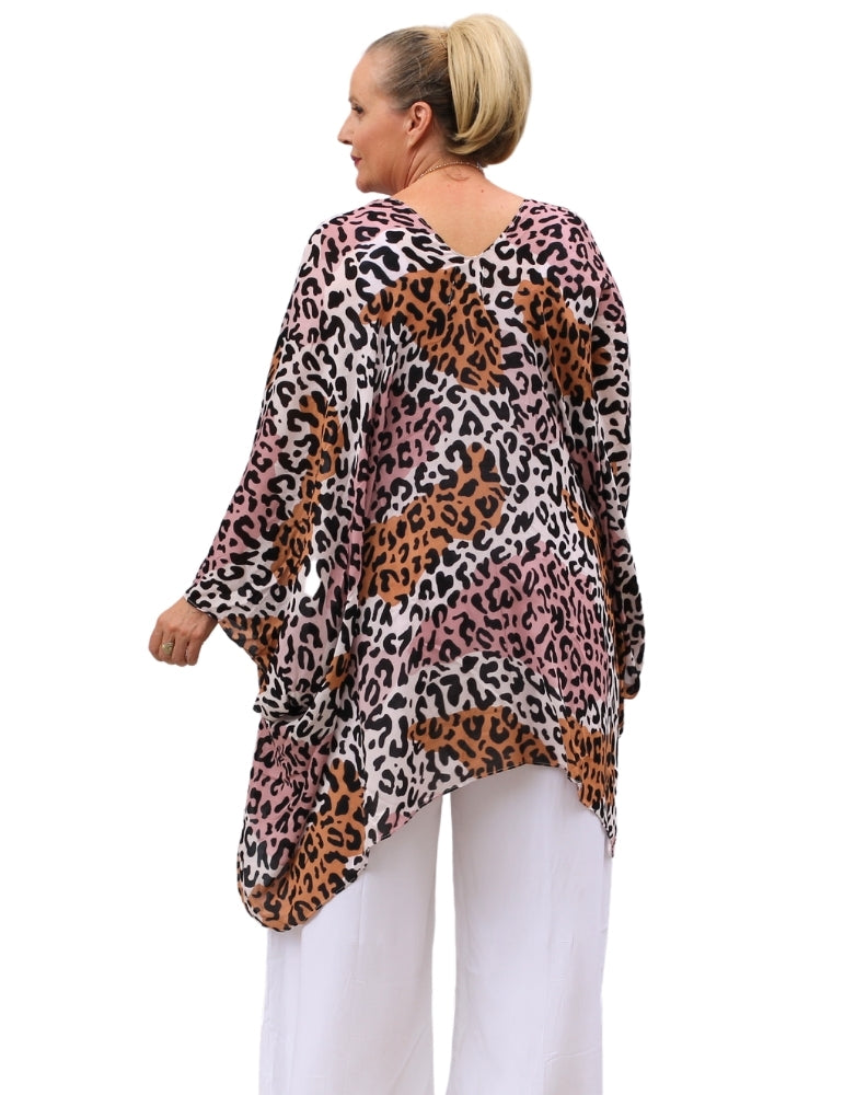 kimono jacket in pink leopard back view