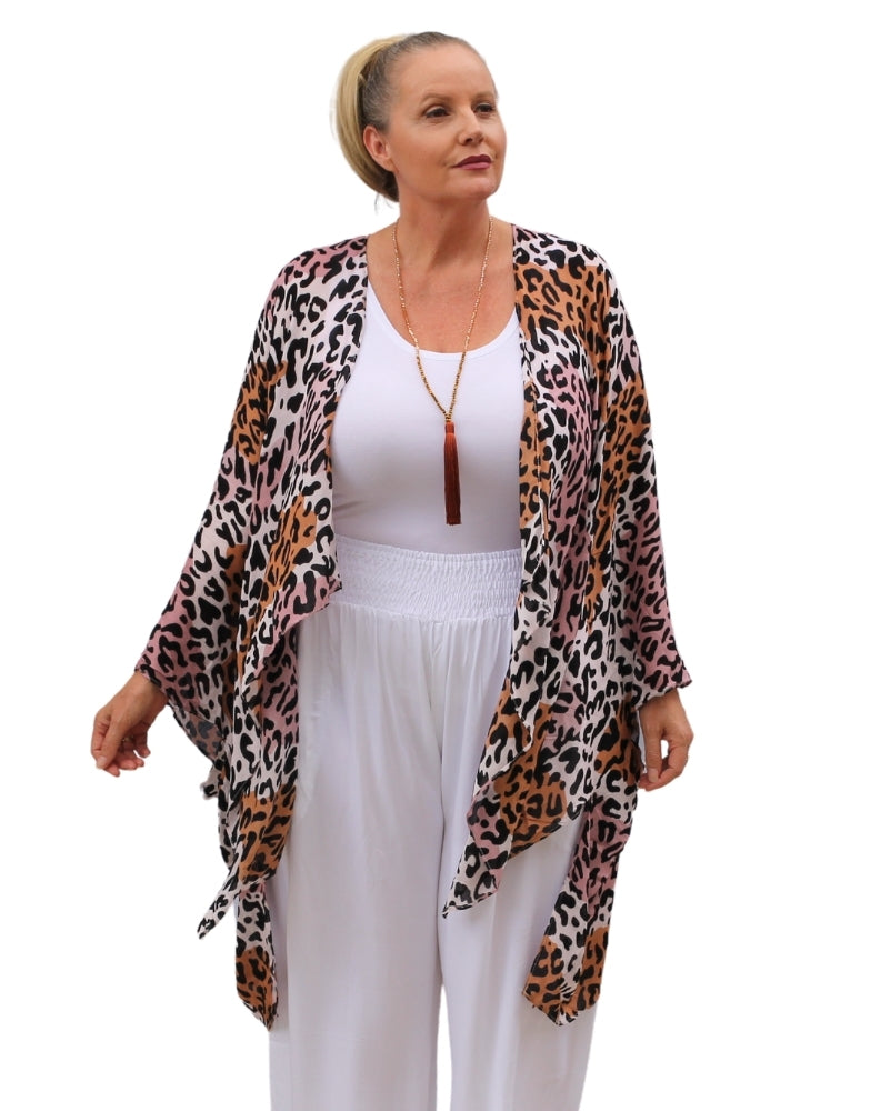 kimono jacket in pink leopard worn by size 16 woman