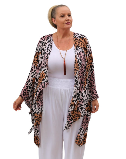 kimono jacket in pink leopard worn by size 16 woman