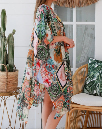 colourful moroccan print kimono side profile of size 10 woman