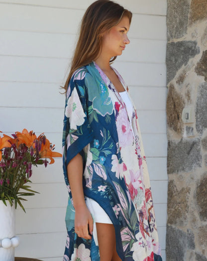 Kimono Jacket in Navy and Pink Floral