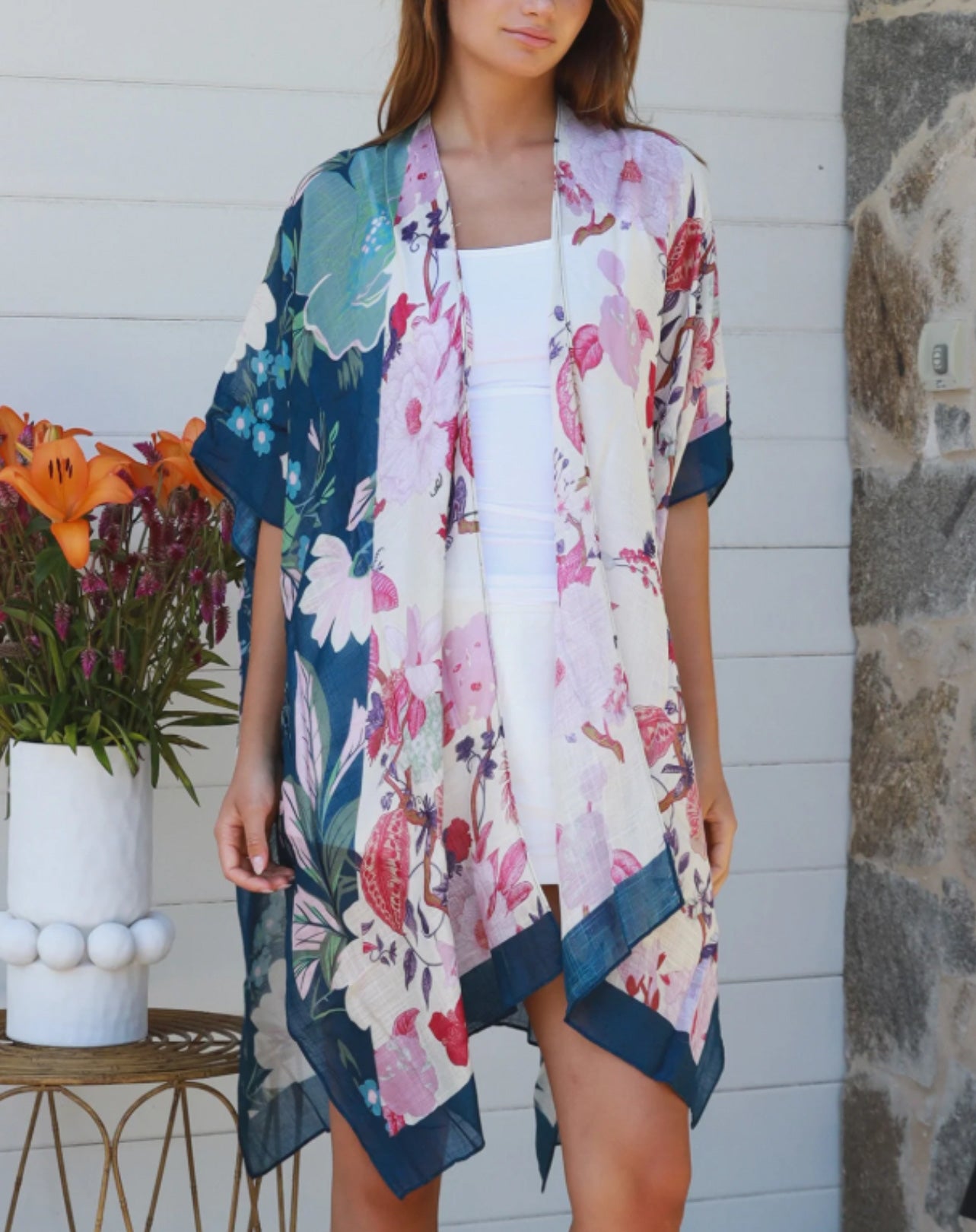 Kimono Jacket in Navy and Pink Floral