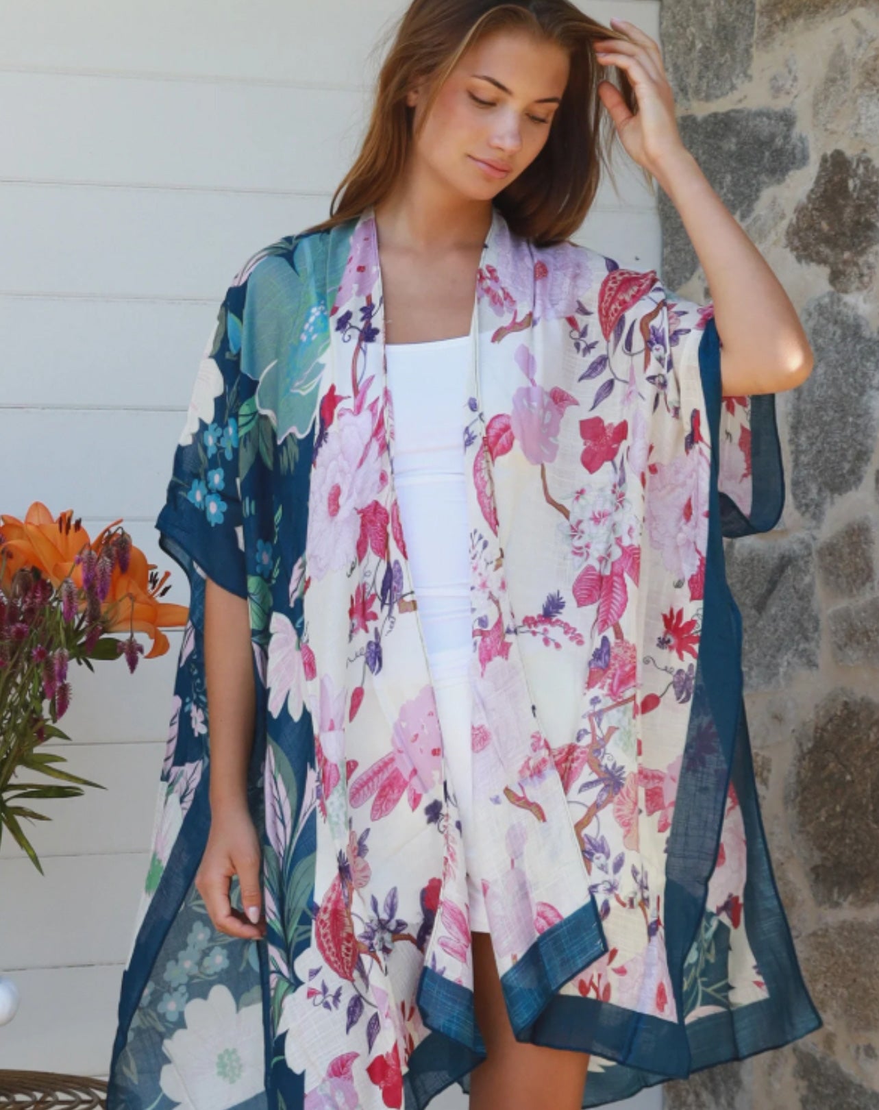 Kimono Jacket in Navy and Pink Floral