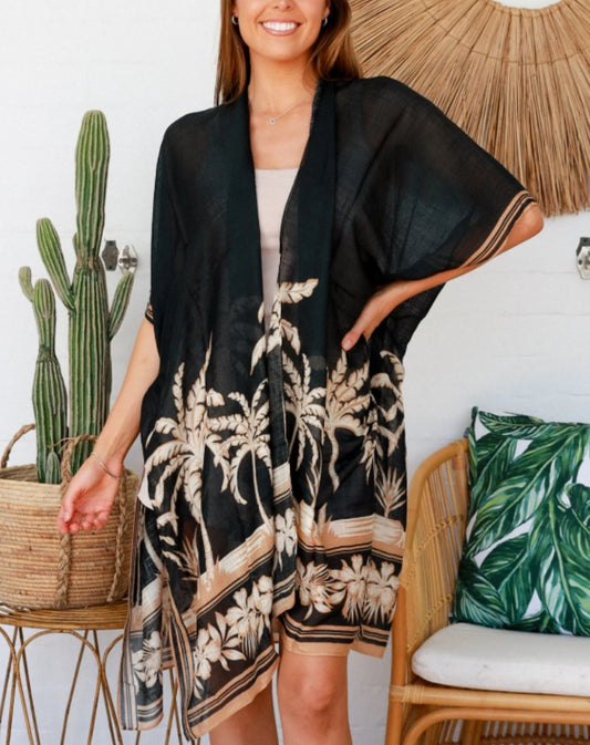 kimono jacket in boho palms showing front