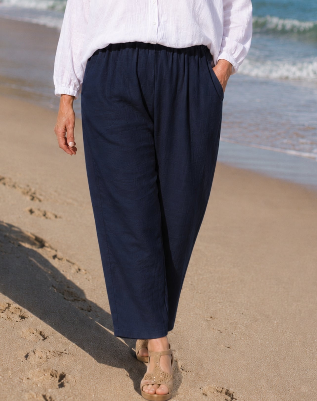 cotton linen navy pant worn at beach