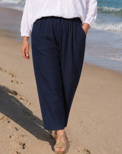 cotton linen navy pant worn at beach