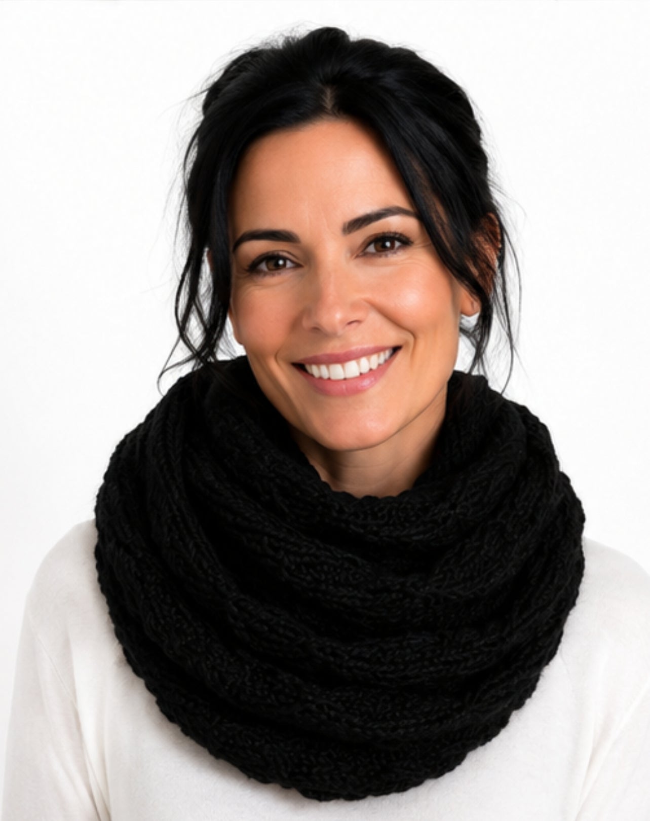 snood scarf by miss seafari in black worn with white modal travel tee
