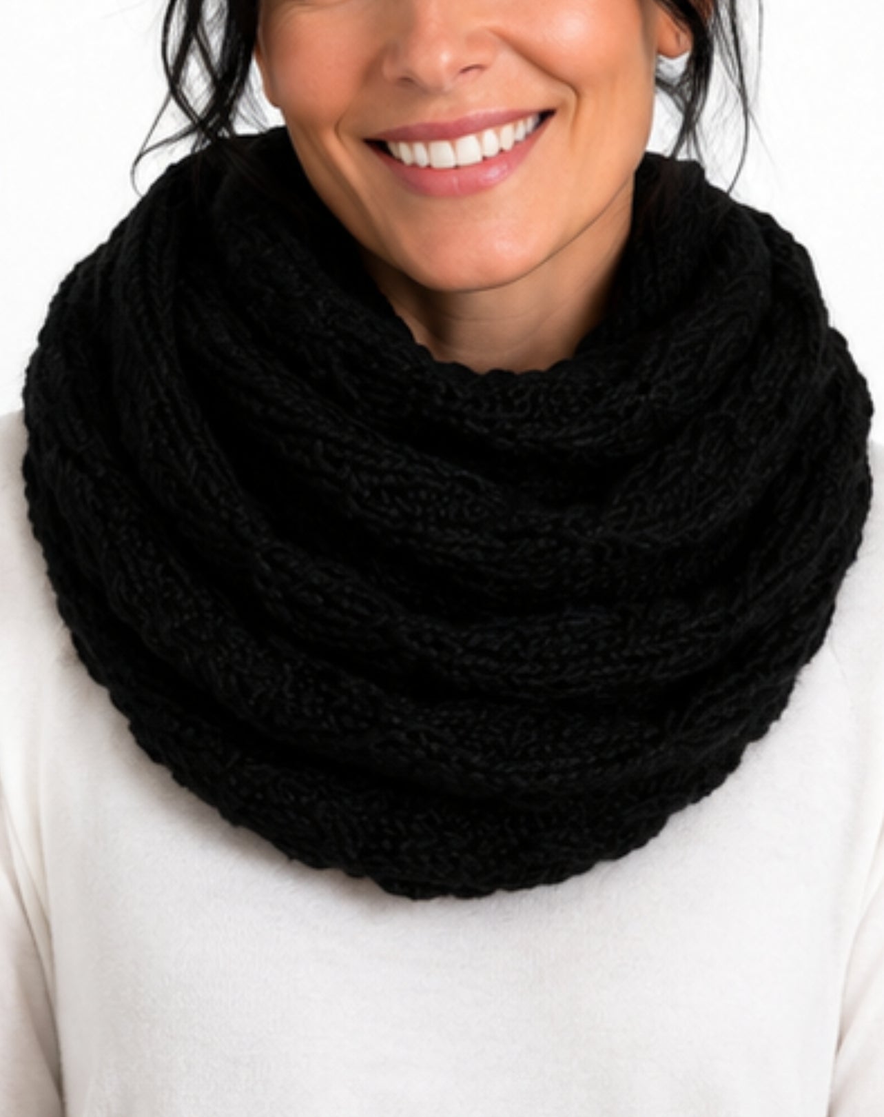 snood scarf show worn as cow neck scarf