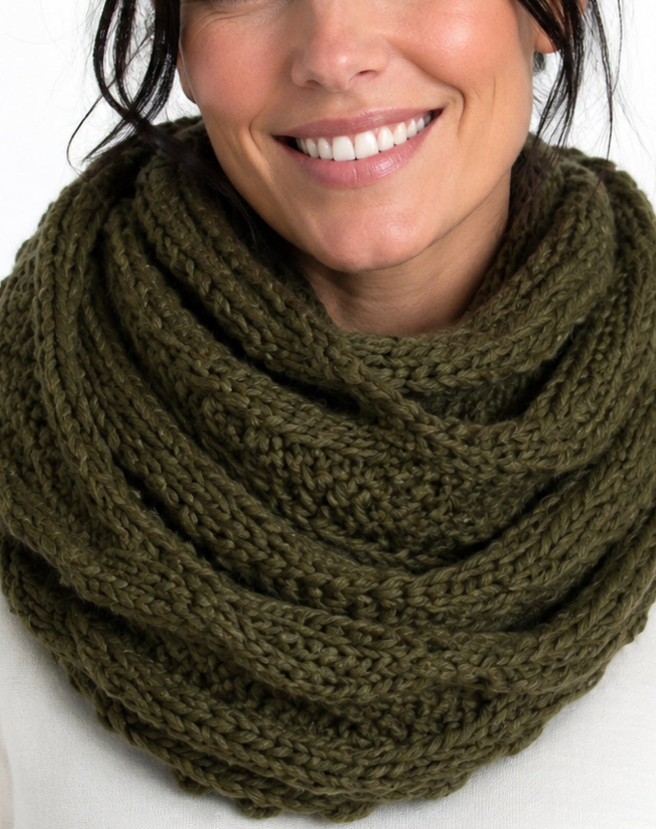 close up of hooded snood scarf on woman with white modal tee