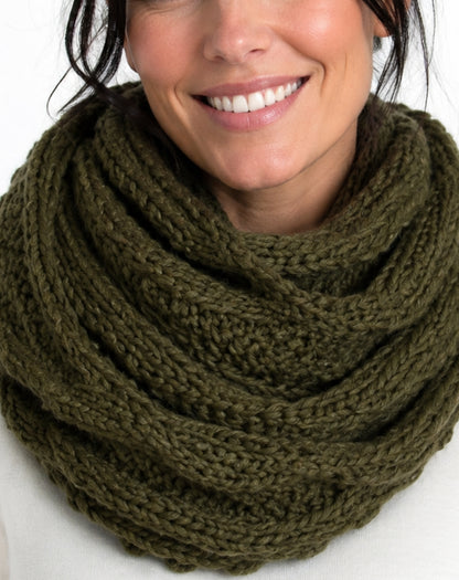 close up of hooded snood scarf on woman with white modal tee