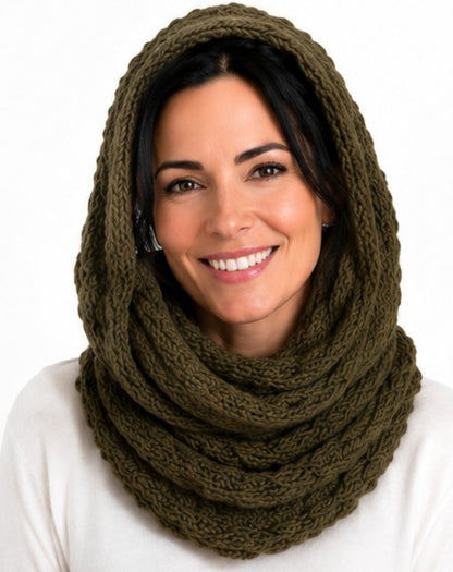 snood scarf worn with hood over