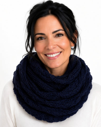 women wearing snood infinity scarf in navy 