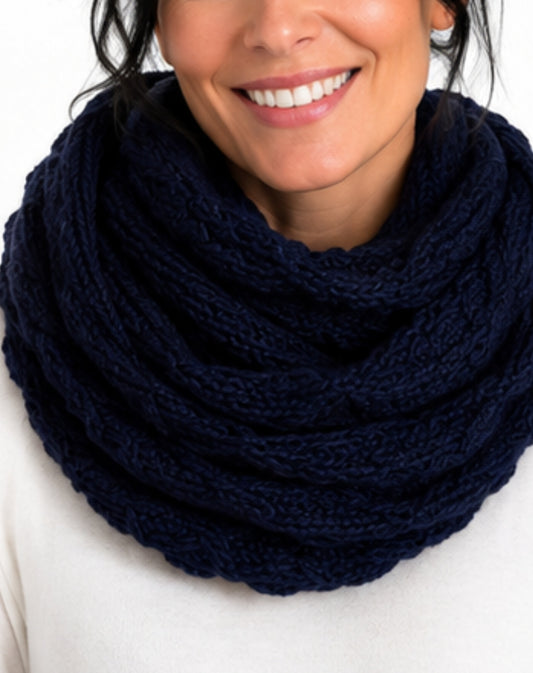 snood scarf in navy as a infinity scarf look