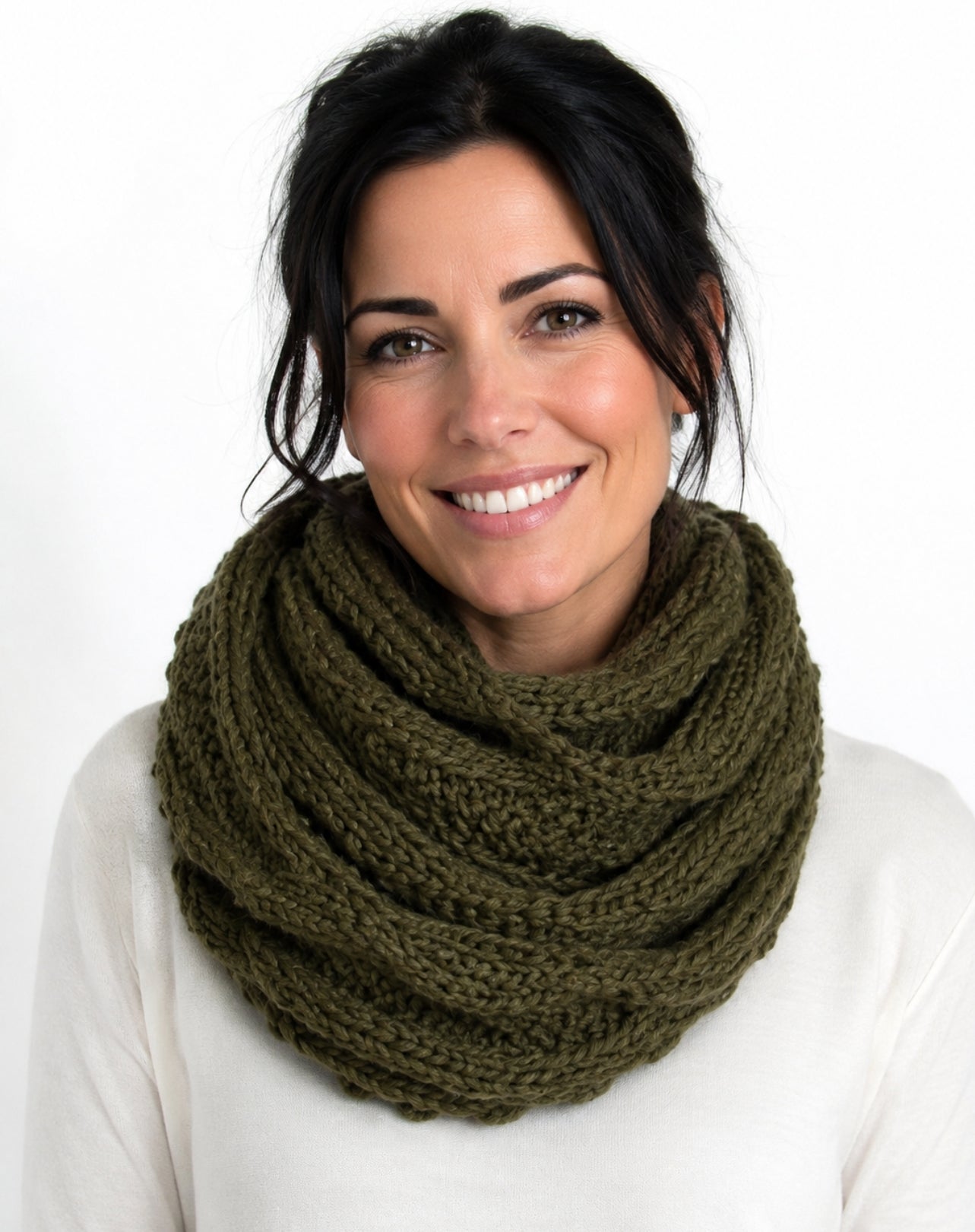 snood scarf worn as a cow neck scarf