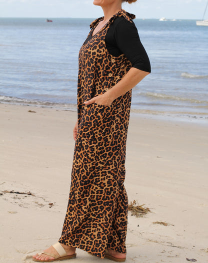 leopard jumpsuit showing details of side buttons