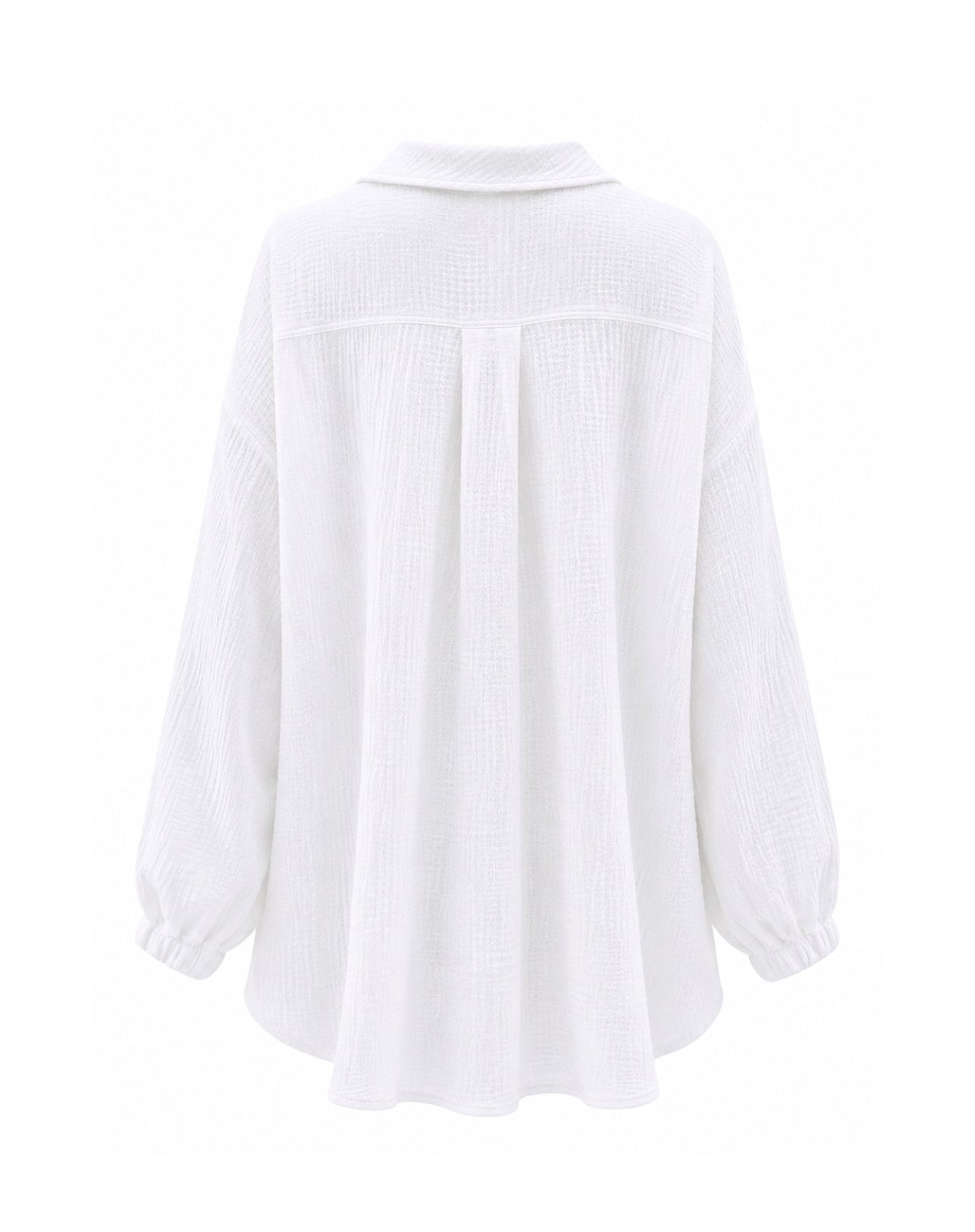 A white long-sleeve blouse with a textured, crinkled fabric, featuring a pointed collar, a front button placket, and gathered elastic cuffs, shown from the back on a white background.
