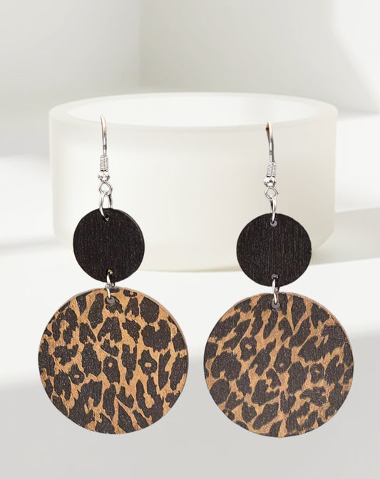 Leopard print earrings on a white stand with a white background